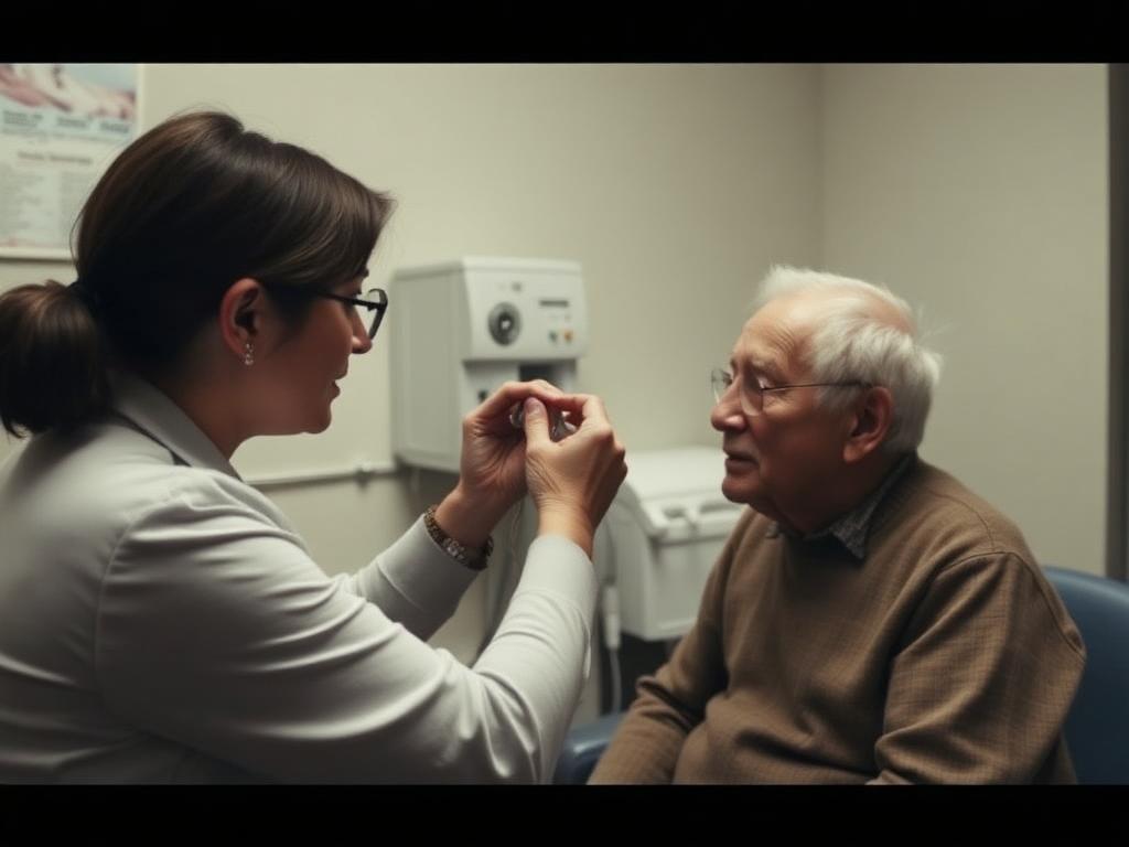 Audiologist fitting a hearing device and talking with an older client