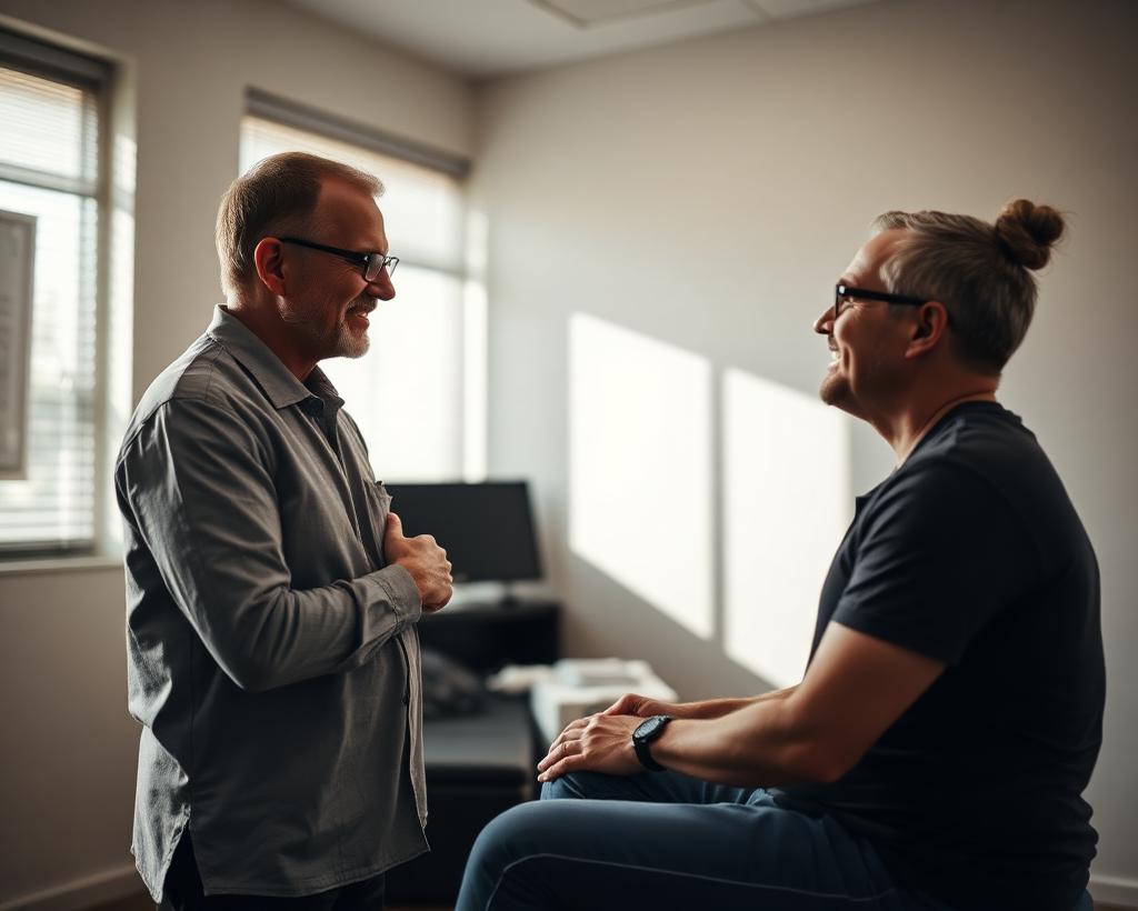 Chiropractor and patient in conversation before an adjustment