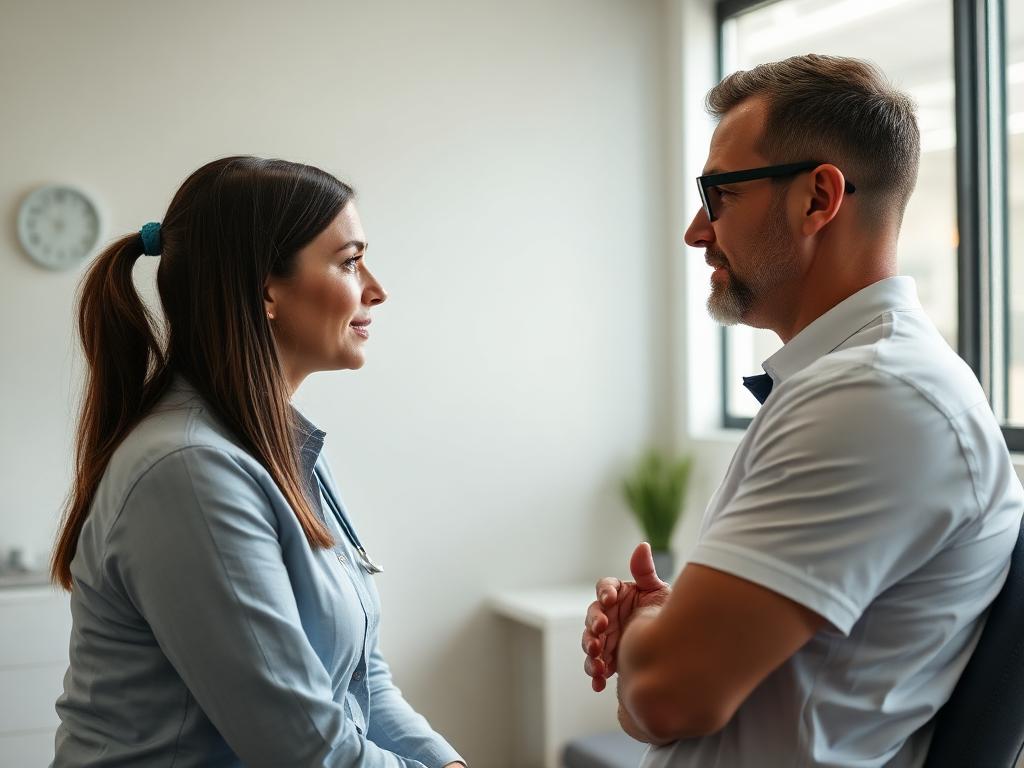Chiropractor speaking face to face with a patient in a bright treatment room
