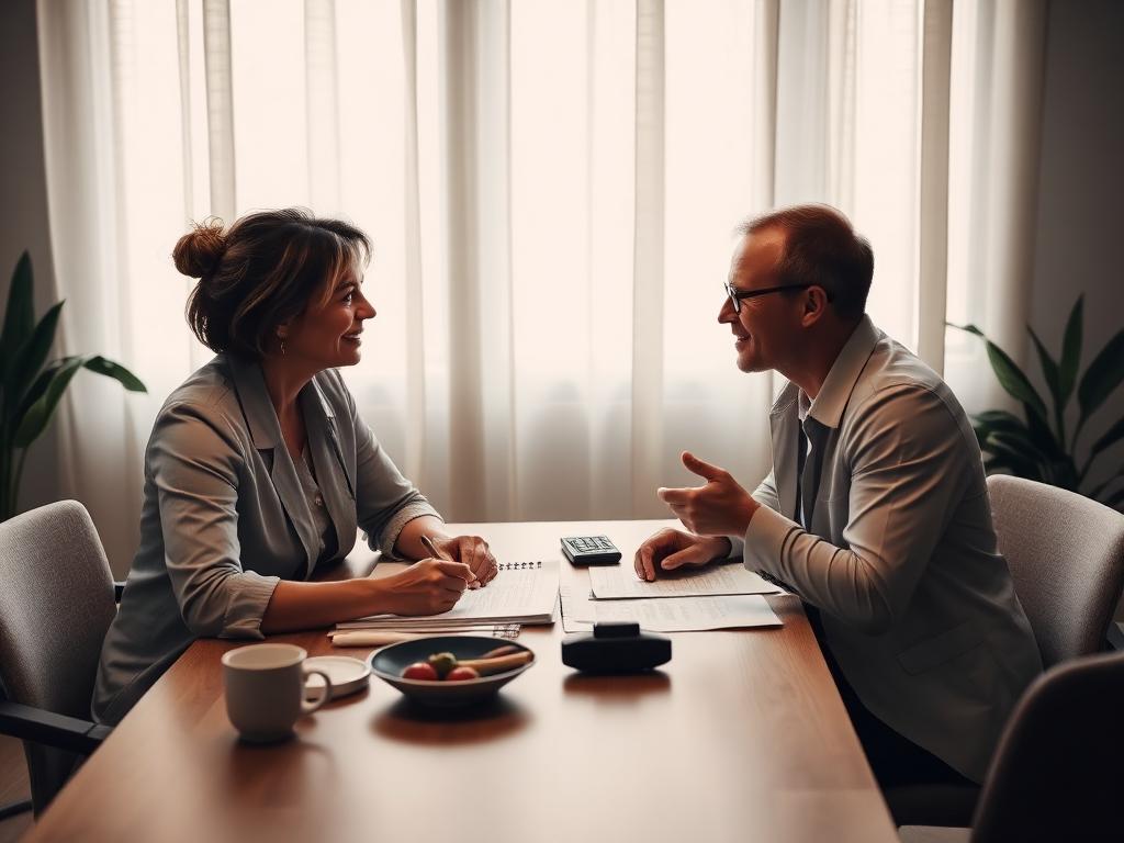Dietitian talking through a nutrition plan with a client across a consulting table