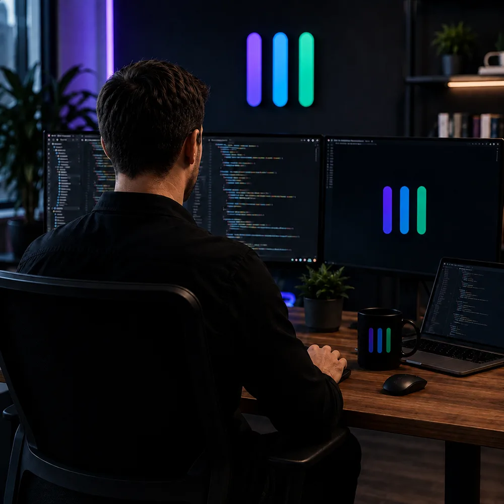 Ian Wilson, Co-Founder and Chief Technology Officer at Pillar, at an engineering workstation reviewing platform architecture.