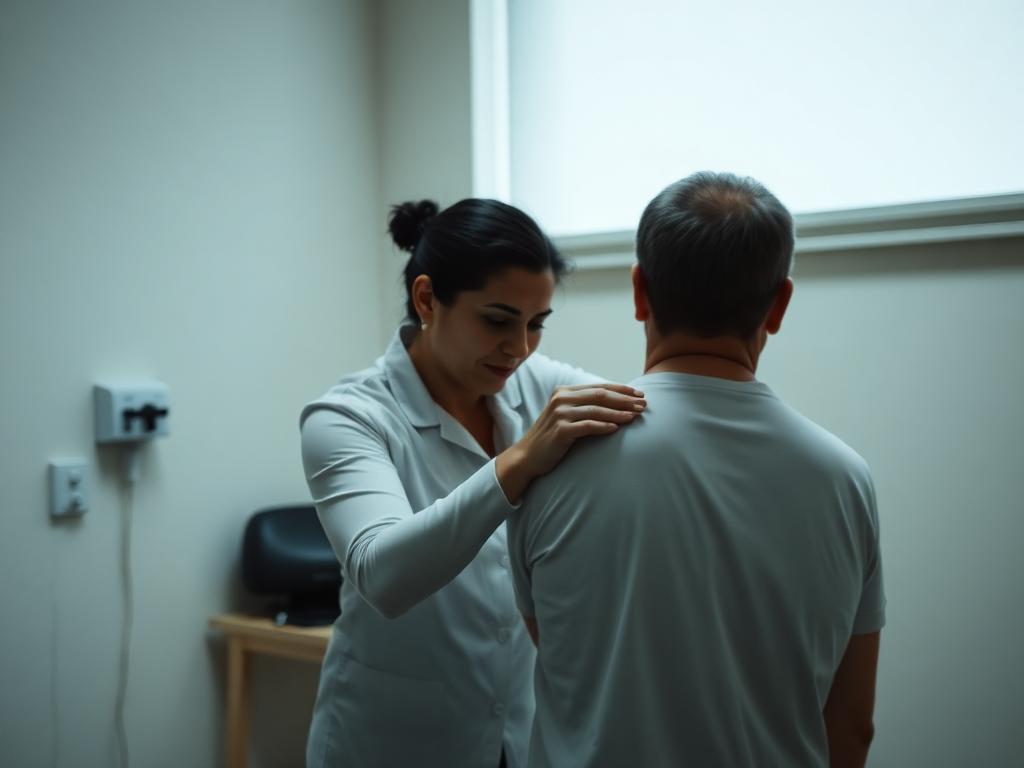 Myotherapist assessing a patient's movement in a treatment room