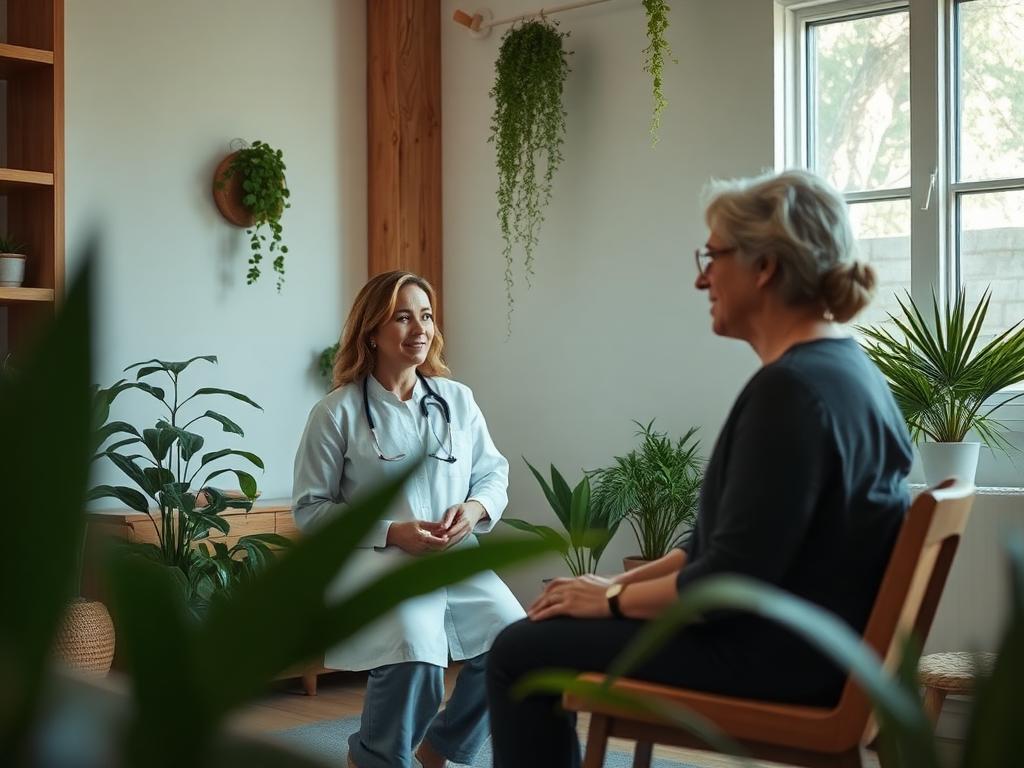 Naturopath in an unhurried consultation with a client in a natural, calm clinic room