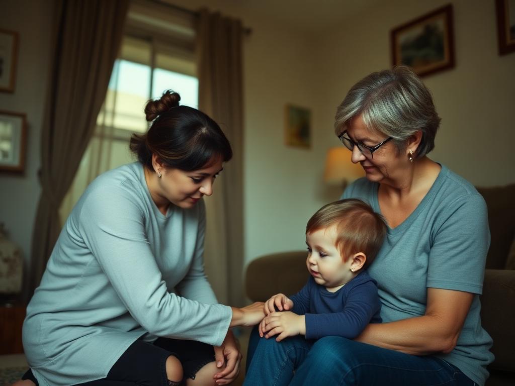 Occupational therapist working with a child and their parent during a home visit