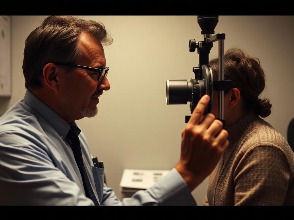 Optometrist explaining a vision result to a patient in a testing room