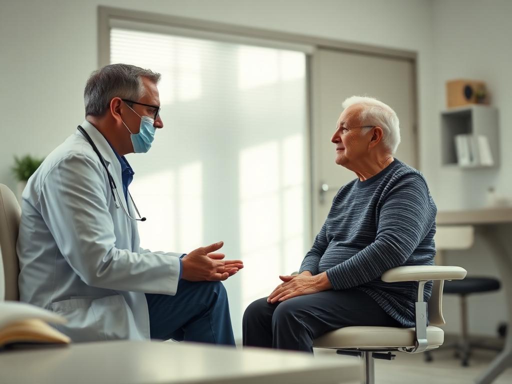 Podiatrist talking with an older patient during a routine foot care appointment