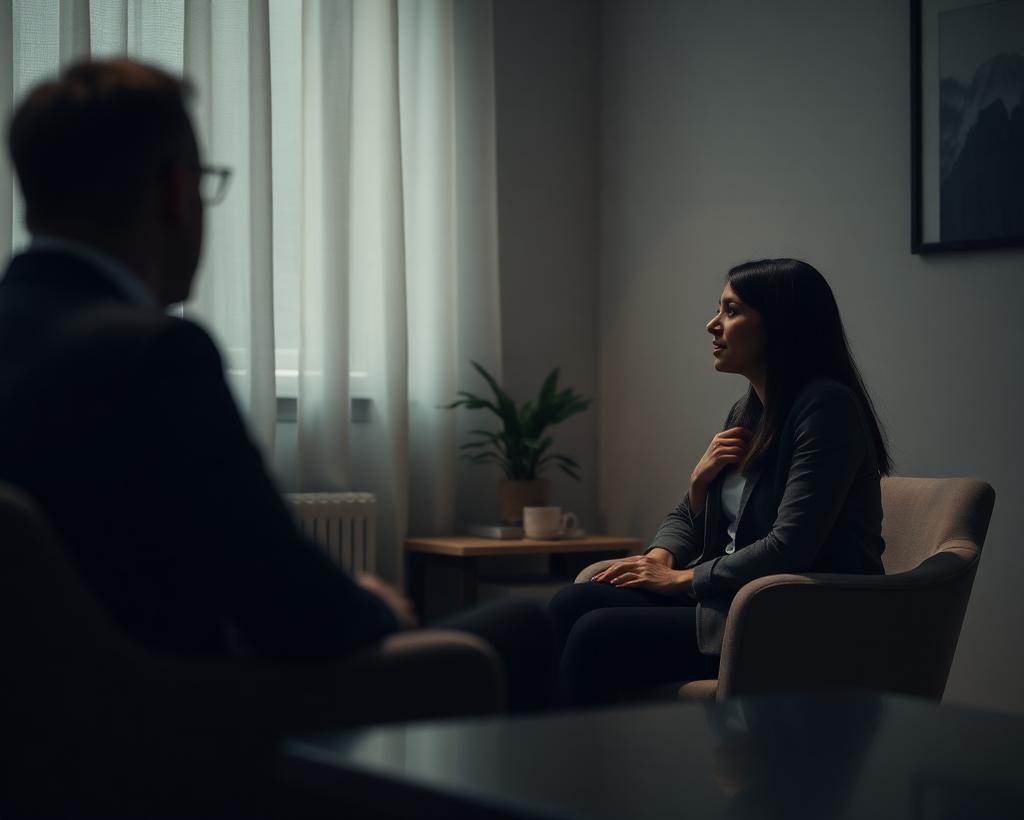 Psychologist and client in conversation in a softly lit consulting room