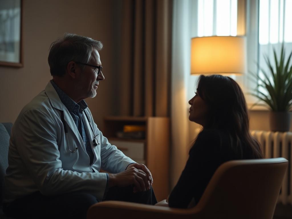 Psychologist listening attentively to a client in a warm, calm consultation room