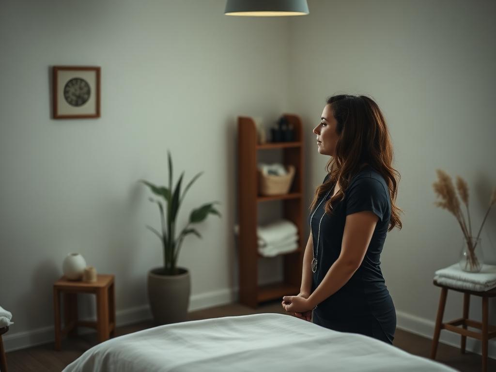 Remedial massage therapist speaking with a client before a treatment session