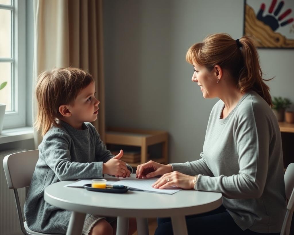 Speech pathologist encouraging a child during a therapy session