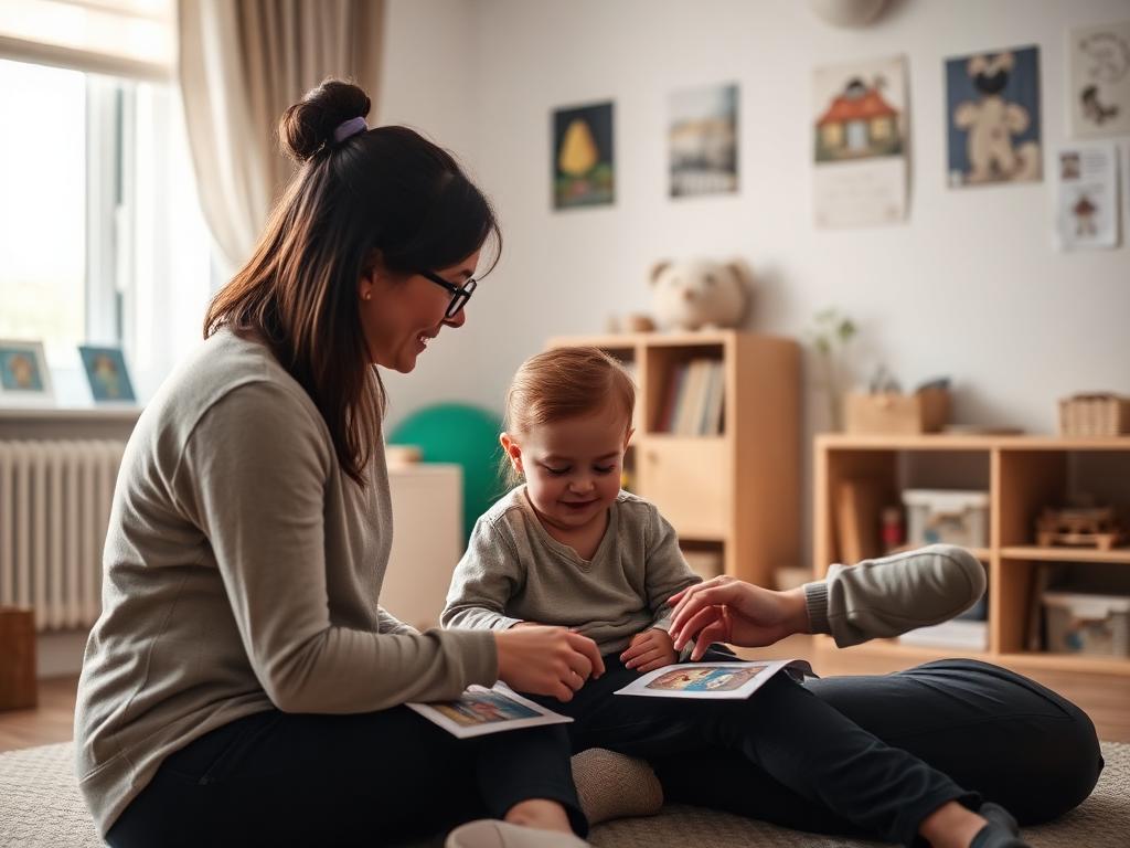 Speech pathologist working with a young child and their parent in a therapy room
